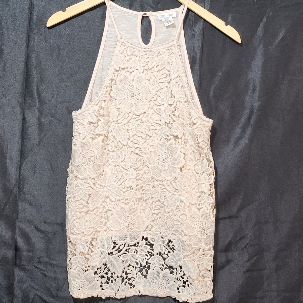 Clover + Scout Womens Floral Lace Halter Tank Top Pink Boho High Neck‎ Small